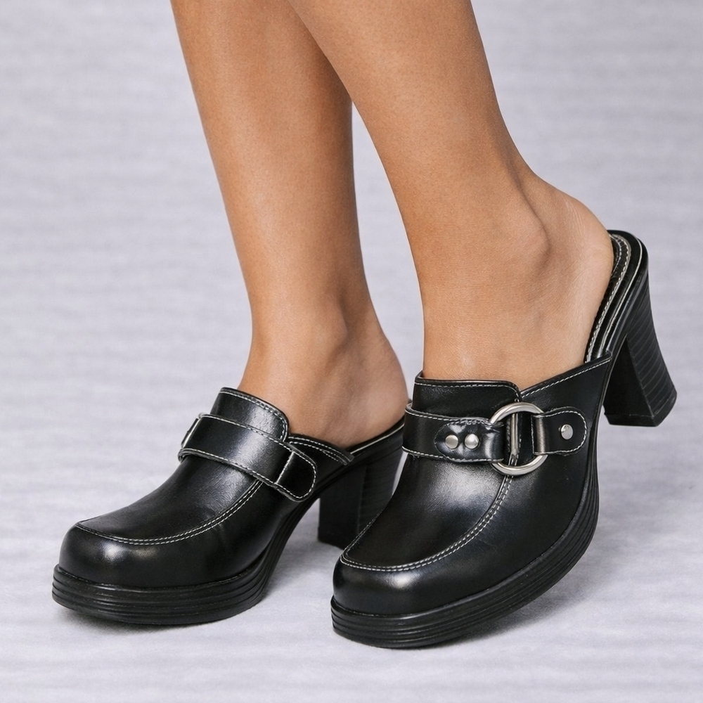 MADDEN GIRL Y2k Black Goth Bratz Buckle Stacked High Heel Mules